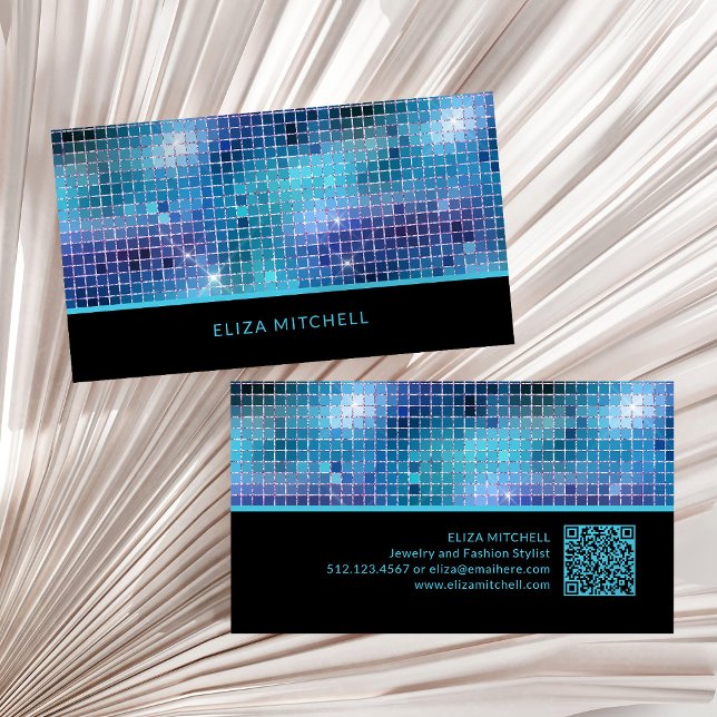 Retro Blue Disco Boll Spegel | QR-kod Visitkort (A glam, disco ball inspired business card with bright blue, turquoise and black and a QR code)