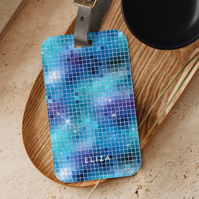 Retro Blue Disco Spegel | Monogram Bagagebricka (A glam, blue and turquoise disco ball inspired luggage tag)