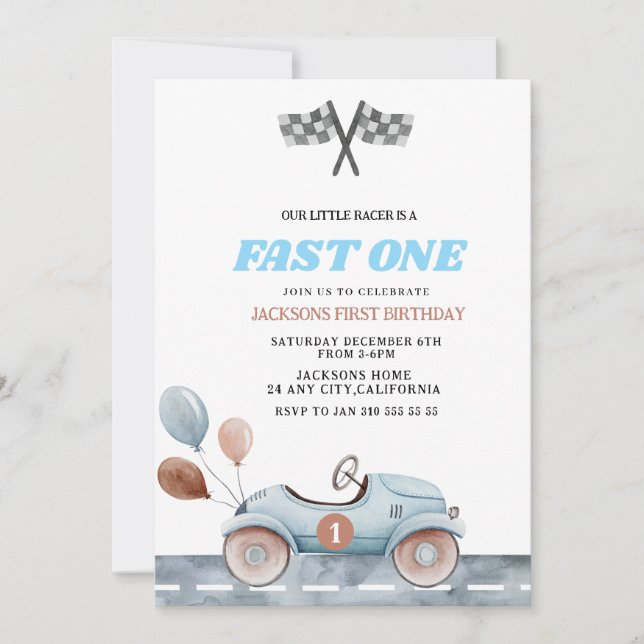 Retro Blue Fast one Boy 1st Birthday Car Boys Inbjudningar (Framsida)
