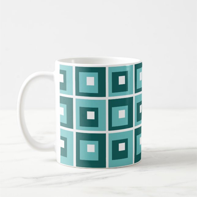 Retro Blue Geometric Squares Mönster Kaffemugg (Vänster)