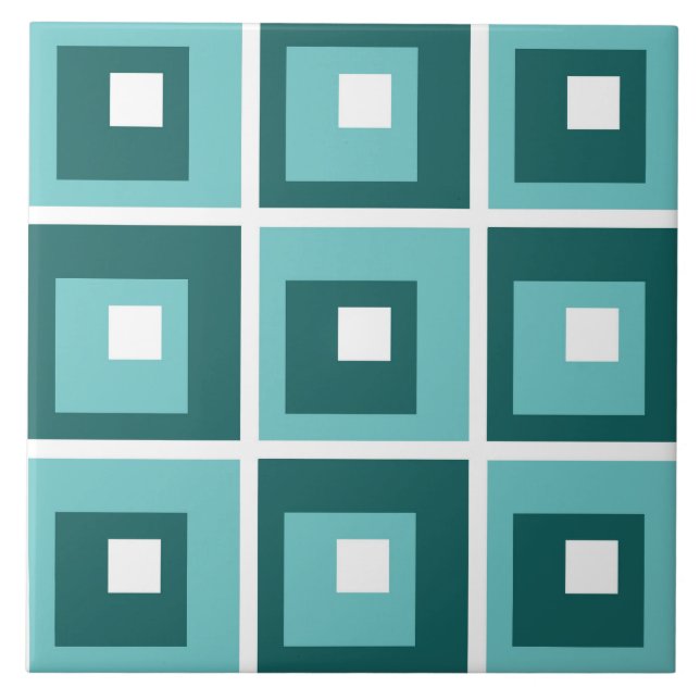 Retro Blue Geometric Squares Pattern Kakelplatta (Framsidan)