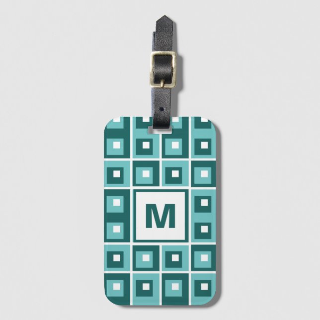 Retro Blue Geometric Squares Pattern Monogram Bagagebricka (Framsida vertikal)