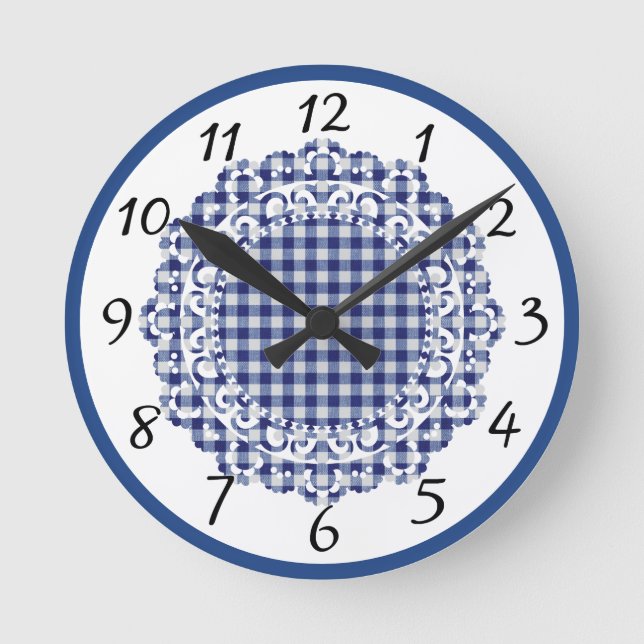 Retro Blue Gingham Rund Klocka (Framsida)