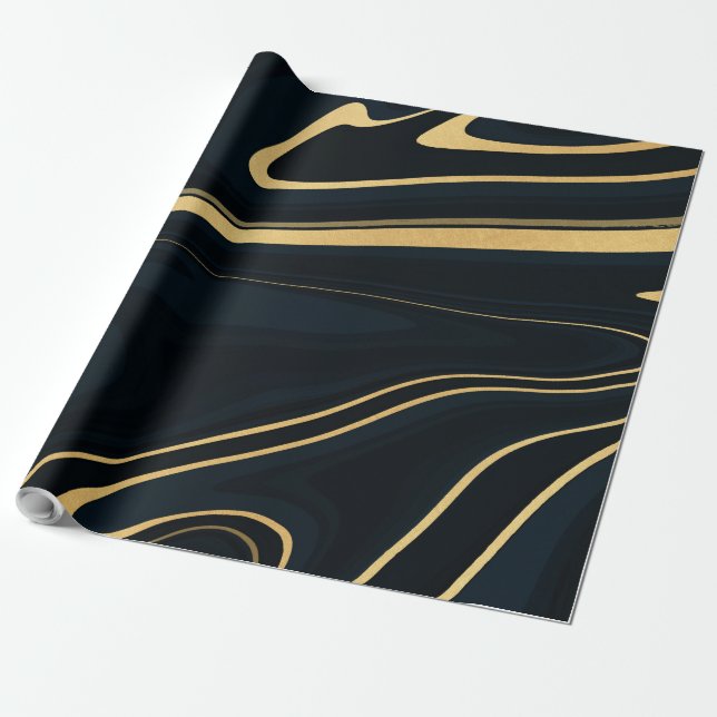 Retro Blue Gold Swirl Liquid Painting Design Presentpapper (Utrullad)