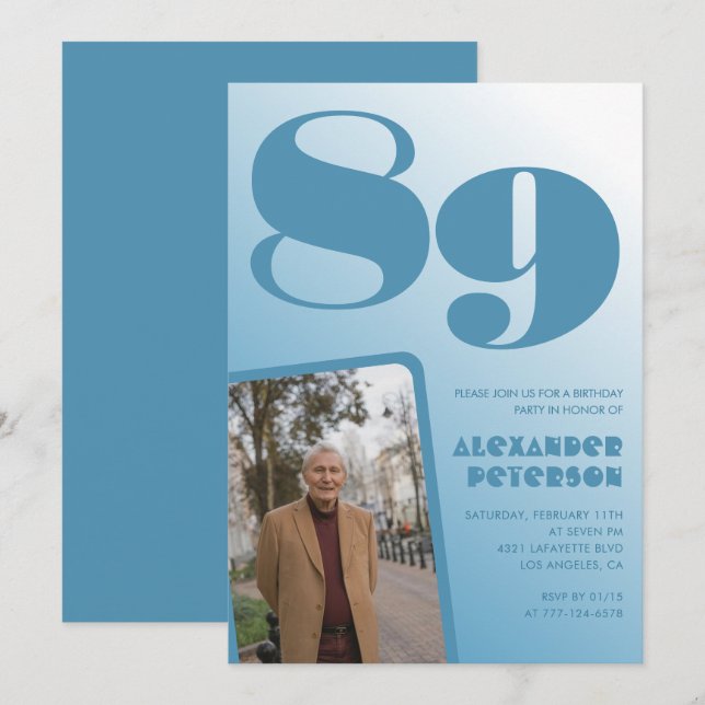 Retro Blue Gradient Photo 89-årsdagen Inbjudningar (Fram/baksida)