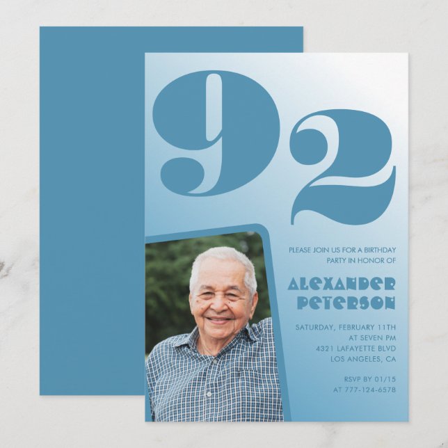 Retro Blue Gradient Photo 92-årsdag Inbjudningar (Fram/baksida)