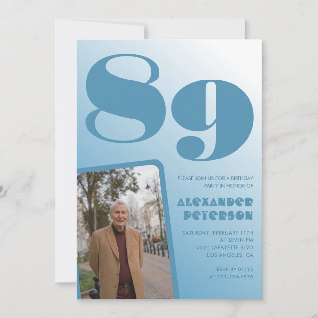 Retro Blue Gradient Photo Manar 89-årsdagen Inbjudningar (Framsida)