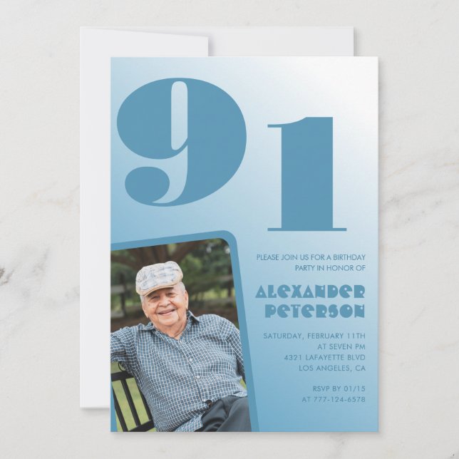 Retro Blue Gradient Photo Manar 91:a födelsedag Inbjudningar (Framsida)