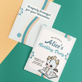 Retro Blue Grey Pastel Baby Dragon Birthday Inbjudningar