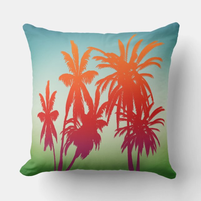 Retro Blue Grönt Orange Sunset Handflatan Träd Kudde (Framsida)
