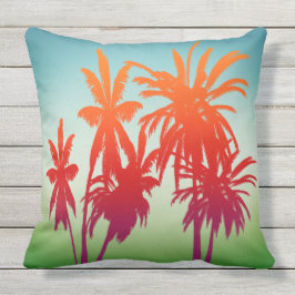 Retro Blue Grönt Orange Sunset Handflatan Träd Kudde