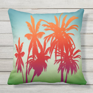 Retro Blue Grönt Orange Sunset Handflatan Träd Kudde