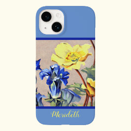 Retro Blue Gult Alpine Gentains Botanical Art