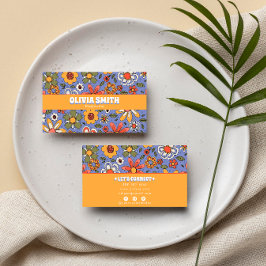 Retro Blue Gult Boho Groovy Blommigt 70 s Trendig Visitkort