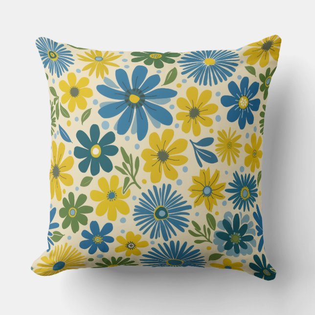 Retro Blue & Gult Daisy Kudde (Framsida)