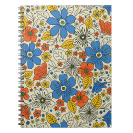 Retro Blue, Gult och Orange Blommigt Anteckningsbok