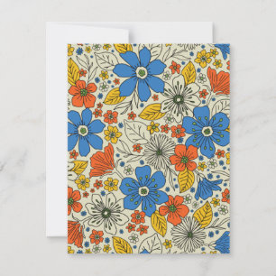 Retro Blue, Gult och Orange Blommigt Anteckningskort