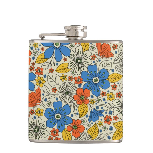 Retro Blue, Gult och Orange Blommigt Fickplunta (Framsidan)