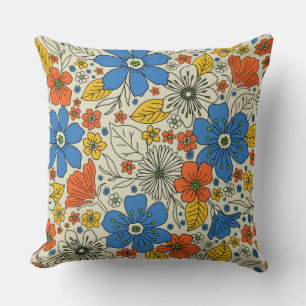 Retro Blue, Gult och Orange Blommigt Kudde