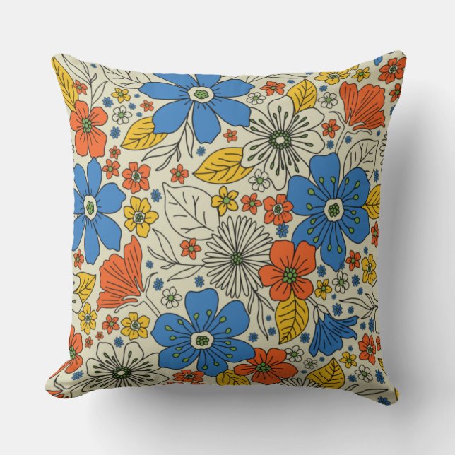 Retro Blue, Gult och Orange Blommigt Kudde (Framsida)