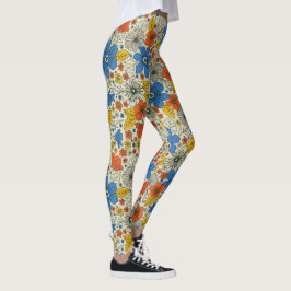 Retro Blue, Gult och Orange Blommigt Leggings