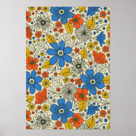 Retro Blue, Gult och Orange Blommigt Poster