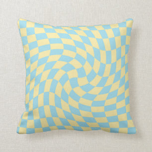 Retro Blue Gult Pastel Warpe Checkerboard Kudde