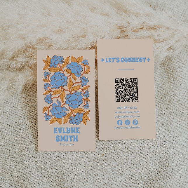 Retro Blue Gult QR Code Groovy Blommigt Funky Boho Visitkort (Skapare uppladdad)