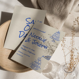 Retro Blue Hand Drawn Champagne Tower Cake Wedding Spara Datumet