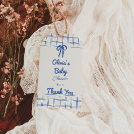 Retro Blue Hand Drawn Gingham Bow Baby Boy Presentetikett