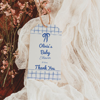 Retro Blue Hand Drawn Gingham Bow Baby Boy Presentetikett