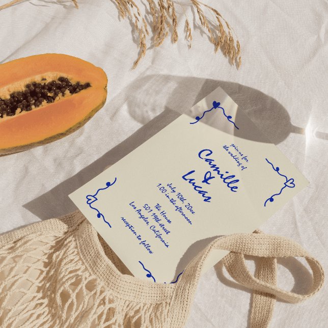 Retro Blue Handskriftlig Whimsical Bröllop Inbjudningar (Skapare uppladdad)