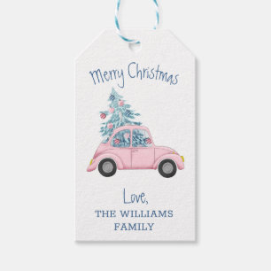 Retro Blue Julgran Rosa Car God jul Presentetikett