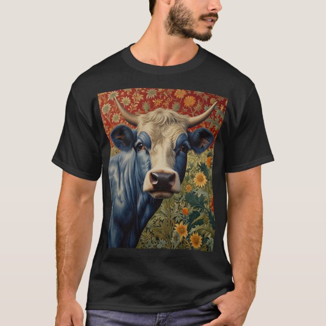 Retro Blue ko i solrosträdgård T Shirt (Framsida)