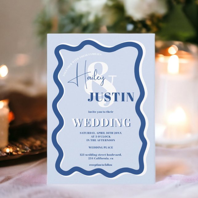 Retro blue-kurvbläddring vågigt bröllop-foto inbjudningar (Retro blue curve squiggle wavy wedding photo invitation)