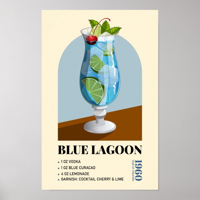 Retro Blue Lagoon Cocktail Recipe Artwork Poster (Framsidan)