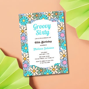 Retro Blue Lila Blommigt Groovy 60:e födelsedagen Inbjudningar