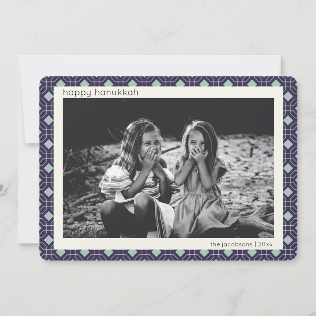 Retro Blue Mid Century Mod Mönster Hanukkah Photo Julkort (Framsida)
