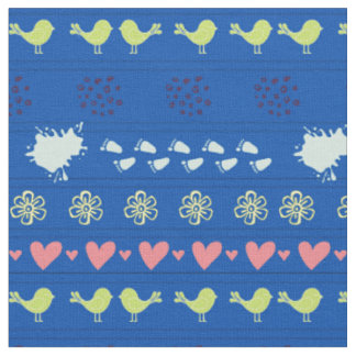 Retro blue mönster av fåglar, punkter, fotsteg, tyg
