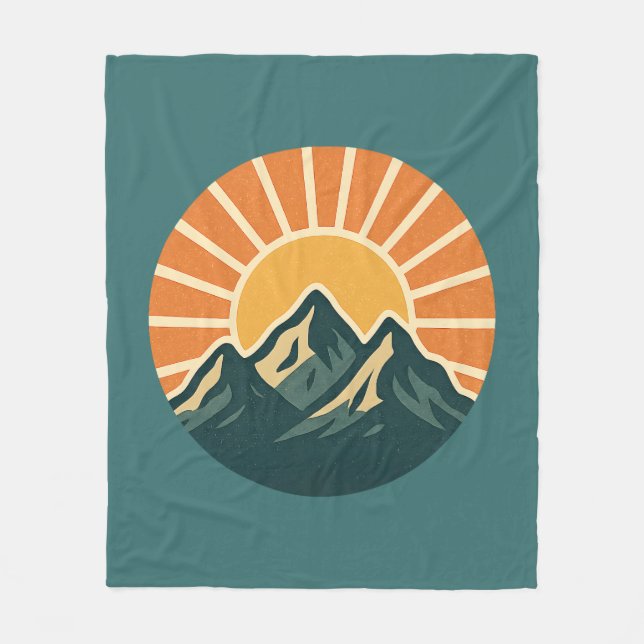 Retro Blue Mountain Sunrise | Outdoor Nature Teal Fleecefilt (Framsidan)