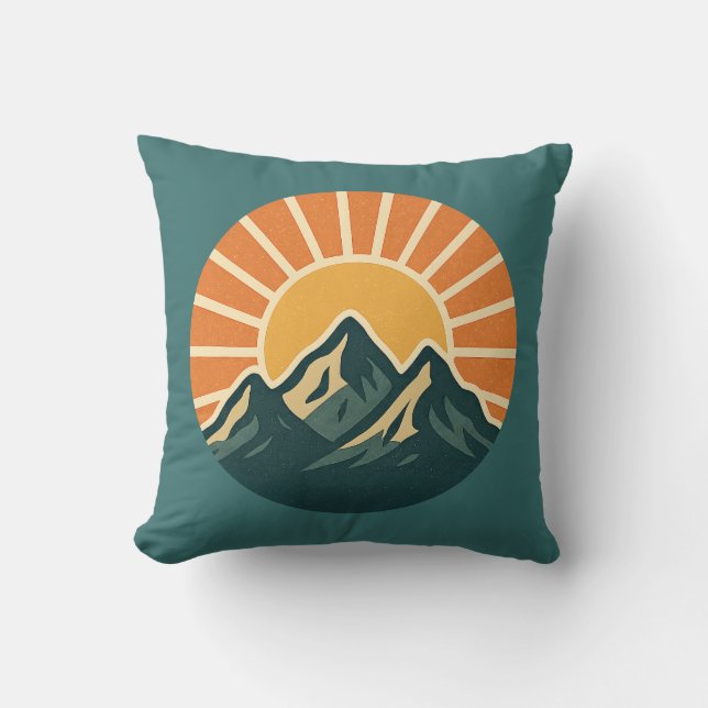 Retro Blue Mountain Sunrise | Outdoor Nature Teal Kudde (Framsida)