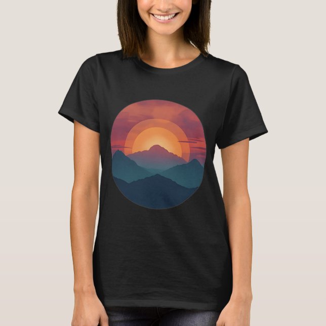 Retro Blue Mountain Sunset | Nature Watercolor Art T Shirt (Framsida)