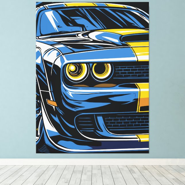 Retro Blue Muscle Car Front Pop Art Illustration Canvastryck (Insitu (trägolv))
