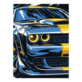 Retro Blue Muscle Car Front Pop Art Illustration Fototryck
