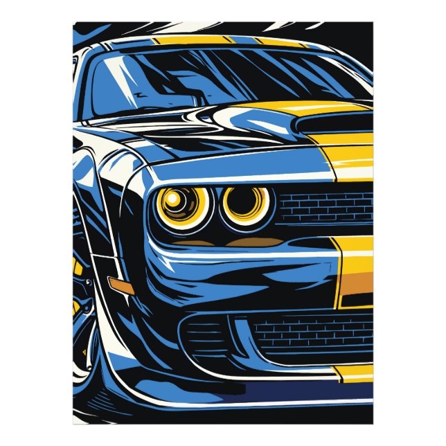 Retro Blue Muscle Car Front Pop Art Illustration Fototryck (Framsidan)