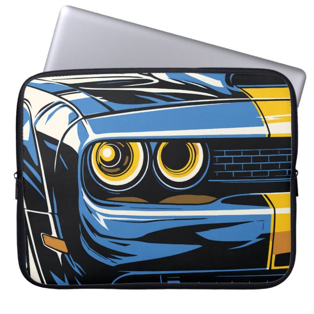 Retro Blue Muscle Car Front Pop Art Illustration Laptop Fodral (Framsidan)