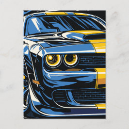 Retro Blue Muscle Car Front Pop Art Illustration Vykort