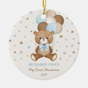 Retro Blue Nalle Balloons Baby 1:a jul Julgransprydnad Keramik
