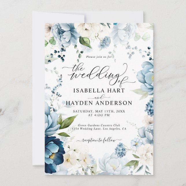 Retro Blue Navy Cream All in 1 QR Code Bröllop Inbjudningar (Framsida)