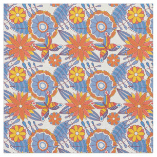 Retro Blue och Orange Blommigt Tyg